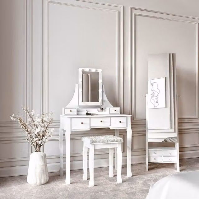 Carme White Dressing Table and Jewellery Cabinet with Hollywood LED Mirror