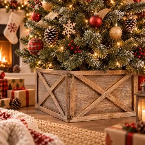 Shatchi Foldable Wooden Christmas Tree Skirt Box in Brown and White, W/D/H: 45 x 43 x 25 cm – 8