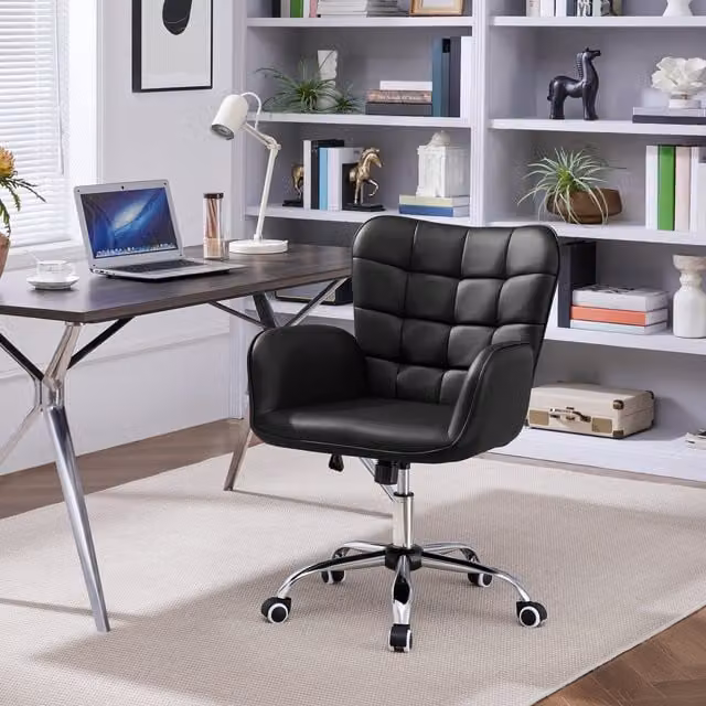 Yaheetech Black Minimalist Synthetic Leather Task Chair with Armrests and 360 Degree Swivel for Home Office