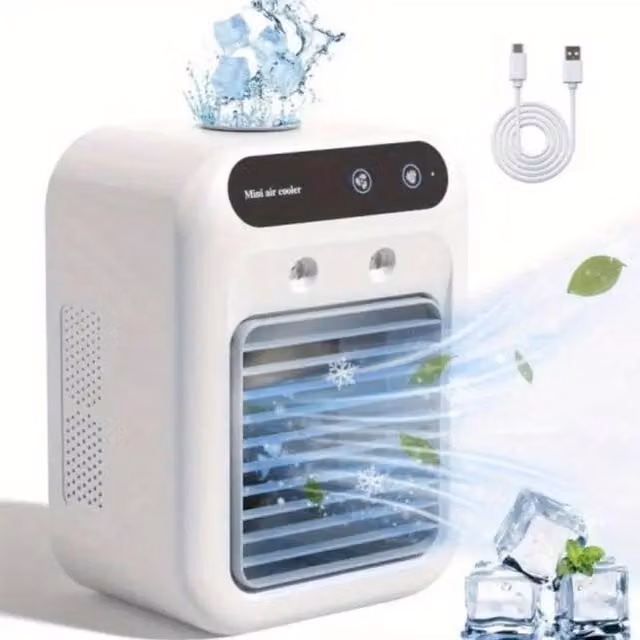 Rolipo Portable USB Air Cooler with Mist, 2 Speeds and 1800mAh Battery, White – 1