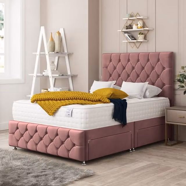 Bed Choices Regency Bed Set with Mattress and Headboard in Pink Plush Velvet, Small Double, W/D/H: 120 x 200 cm