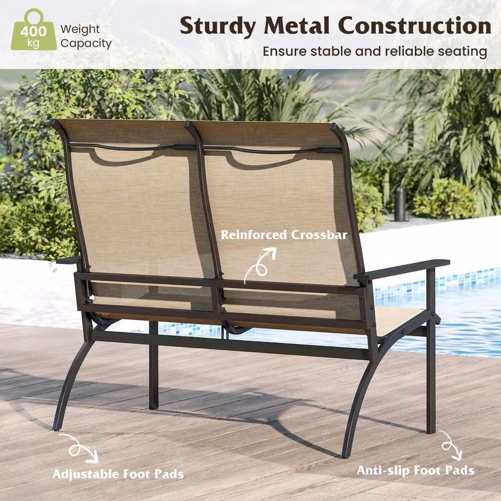 Kelvenix Brown Metal Outdoor Adirondack Bench Chair for 2 People – 4