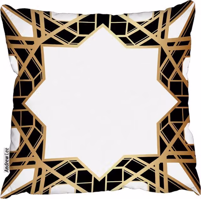 Andrew Lee Art Deco Star Border Square Cushion in Yellow and White, W: 60 cm, H: 60 cm