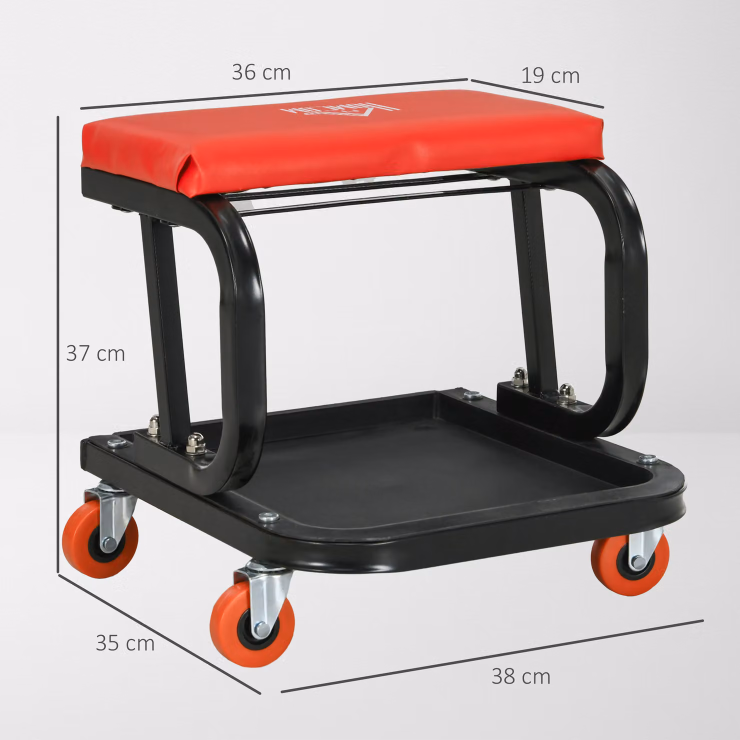 HOMCOM Red Rolling Workshop Stool with Padded Synthetic Leather Seat, Tool Tray and Castors – 3