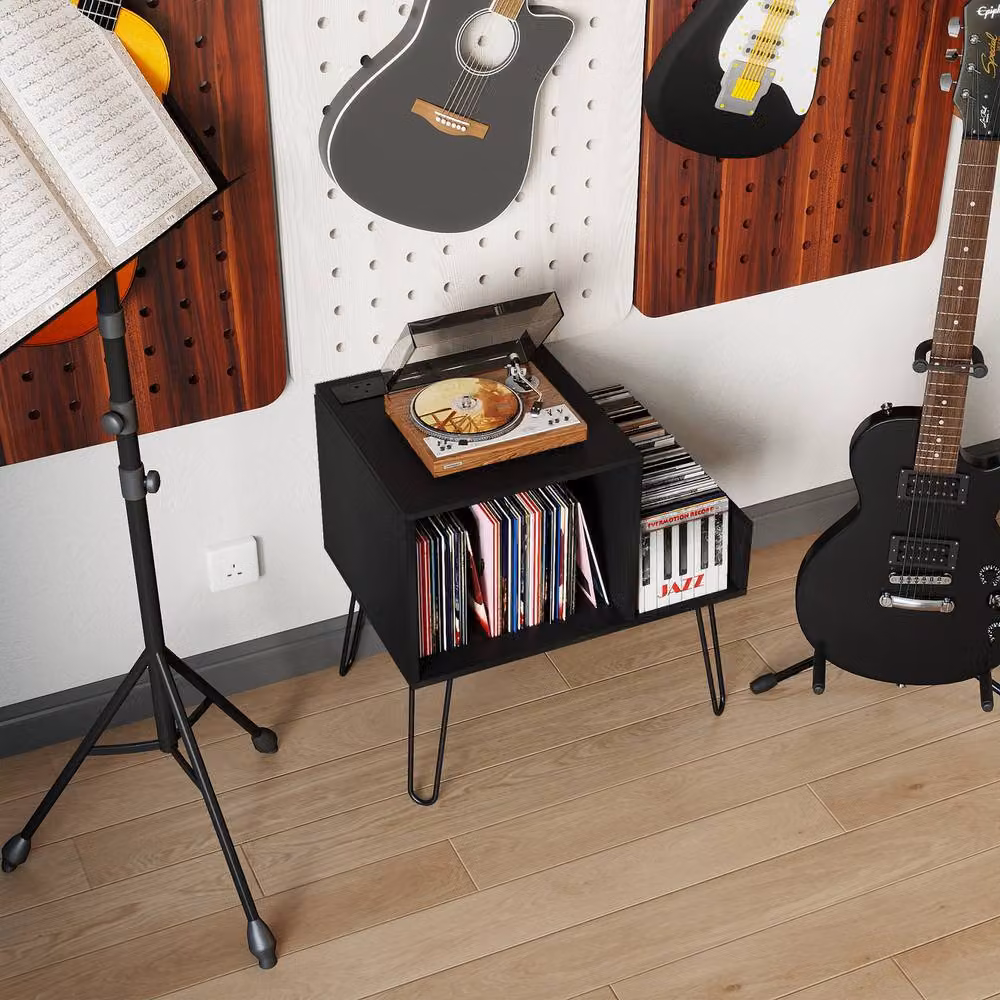 Gymax Modern Metal Turntable Stand with Power Outlet and Display Shelf in Black – 4