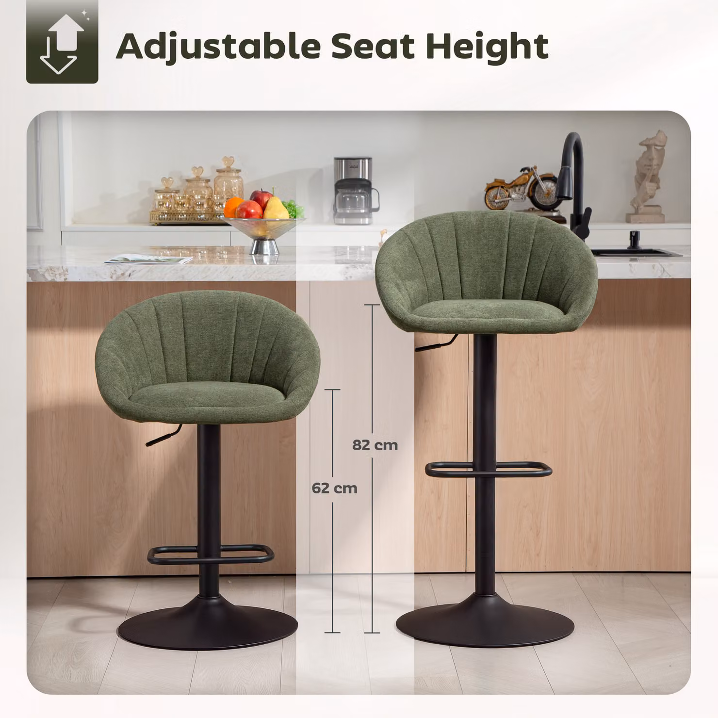 HOMCOM Set of Two Modern 360 Degree Swivel Tub Bar Stools in Green Fabric with Metal Legs – 4