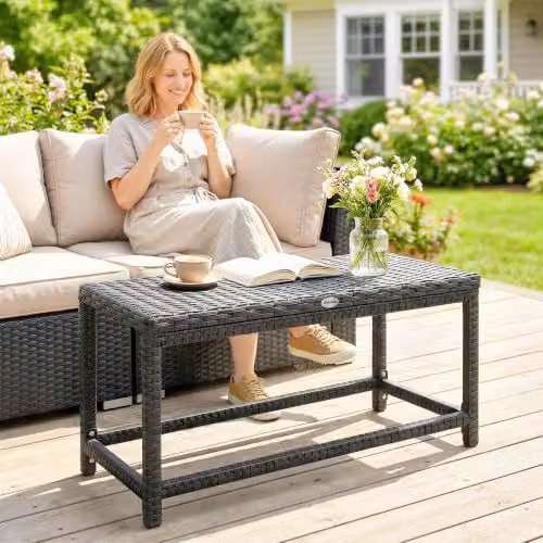 Outsunny Black Outdoor Coffee Table with X-Shaped Frame and Polyrattan Design, W: 80 cm, D: 43 cm, H: 40 cm – 8
