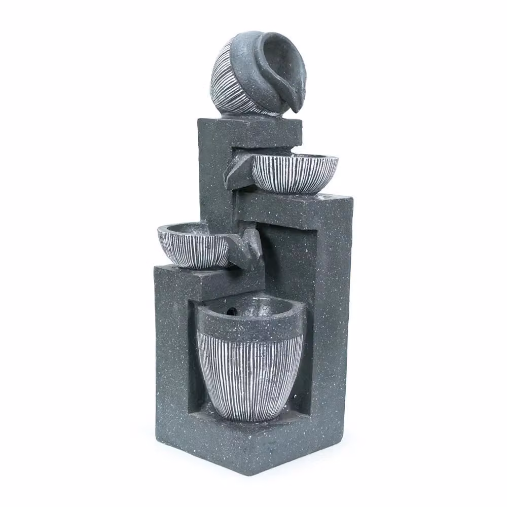 ValueLights Solar Powered Cascading Water Feature Fountain with Warm White LED Light, Grey Wood Design, W/D/H: 49.5 x 19.0 x 18.0 cm – 2