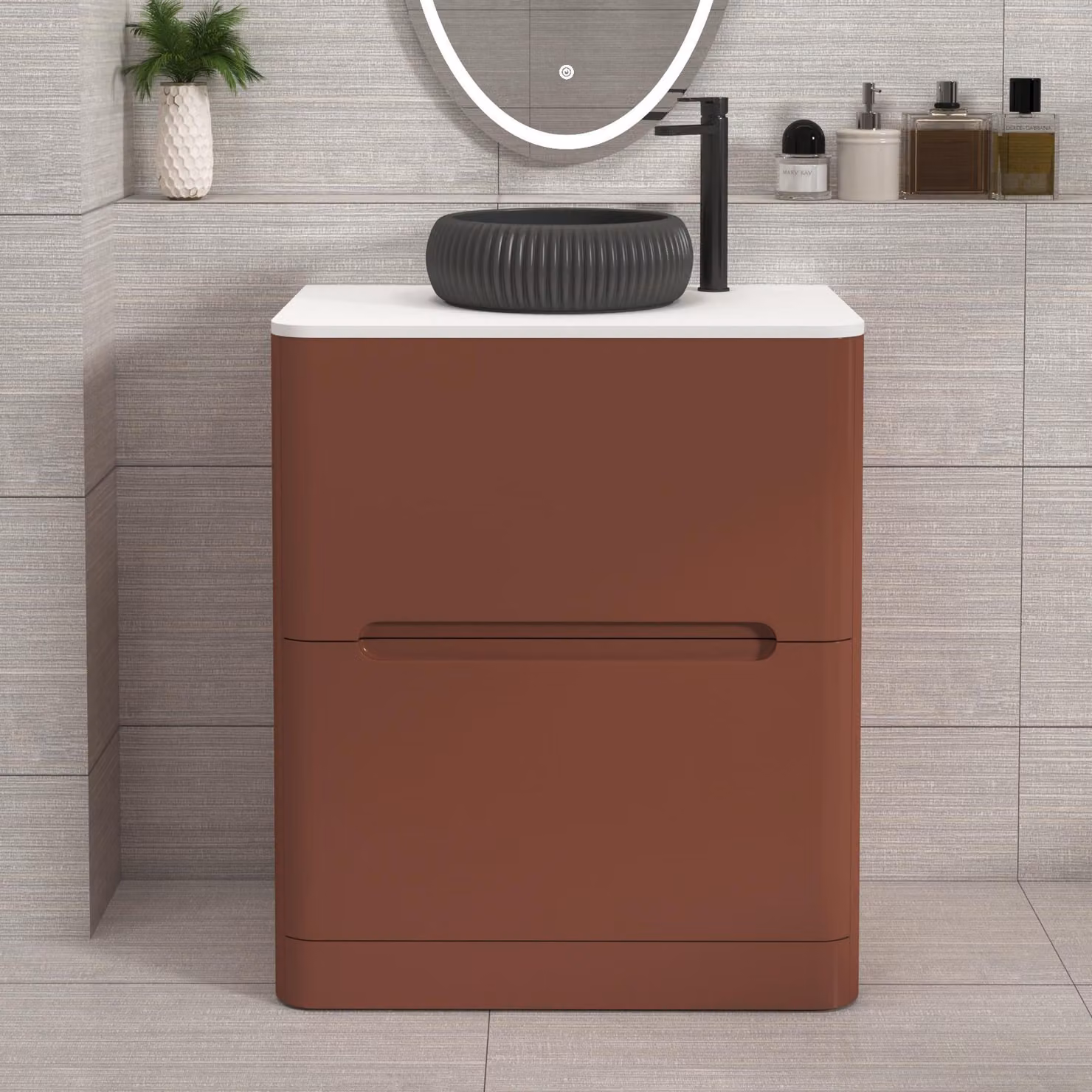 Royal Bathrooms Venice 700mm Terracotta Clay Floor Standing 2 Drawer Vanity Unit with Plain White Worktop and Milan Black Basin