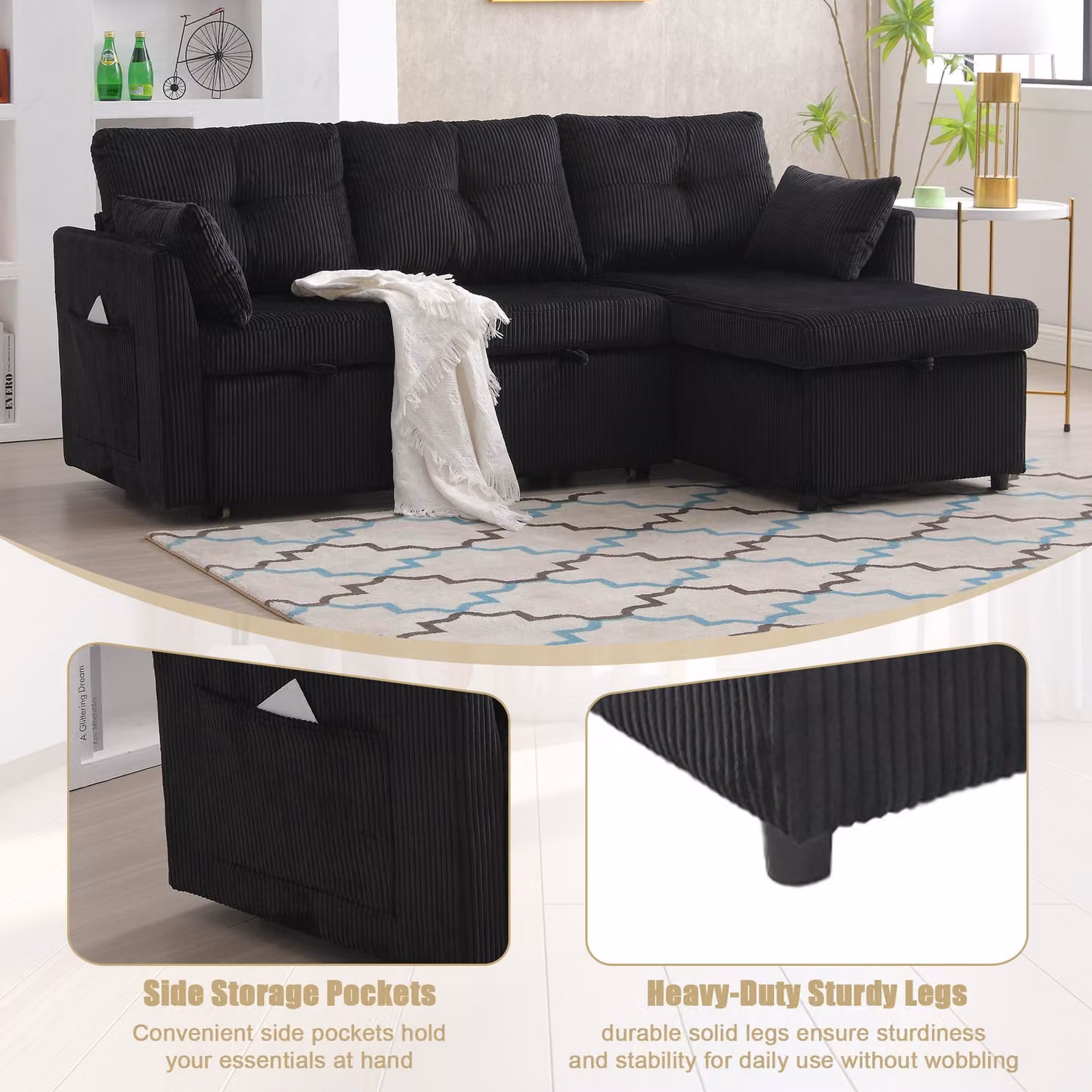 GOMYWAY Black Corduroy L-Shaped Sectional Sleeper Sofa with Reversible Storage Chaise, W/D/H: 206 x 130 x 88 cm – 5
