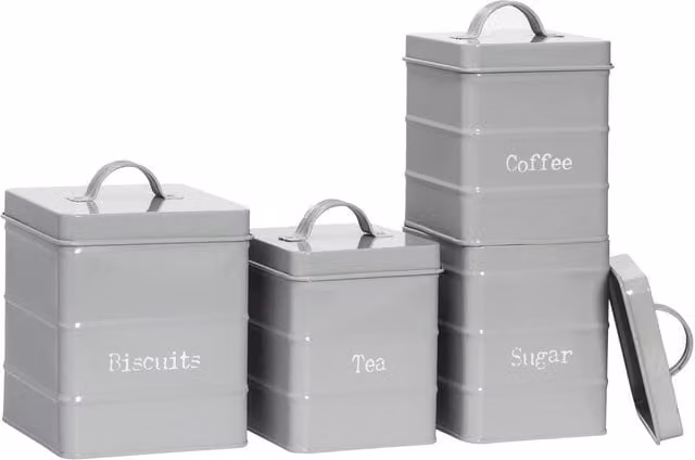 Harbour Housewares 4 Piece Vintage Metal Kitchen Canister Set in Grey, Airtight and Leakproof