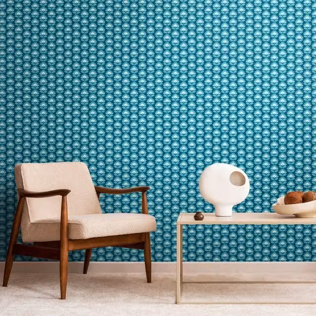 Hoopla Walls Retro Floral Botanical Wallpaper in Petrol Blue and Teal Mix