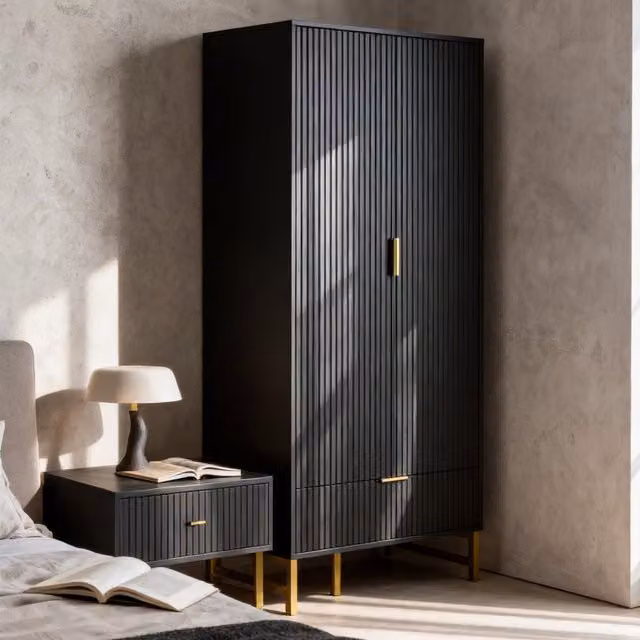 Furniture One Modern Fluted Wardrobe with Hinged Doors and Integrated Drawers in Matt Black, Width: 180 cm