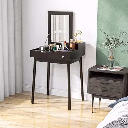 HOMCOM Modern Black Dressing Table with Flip-up Mirror and 2 Drawers – 6