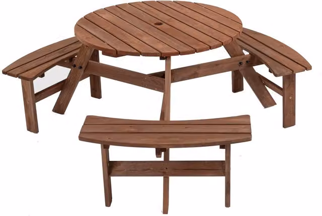 Birchtree 6 Seat Round Picnic Table and Benches in Brown Treated Hardwood