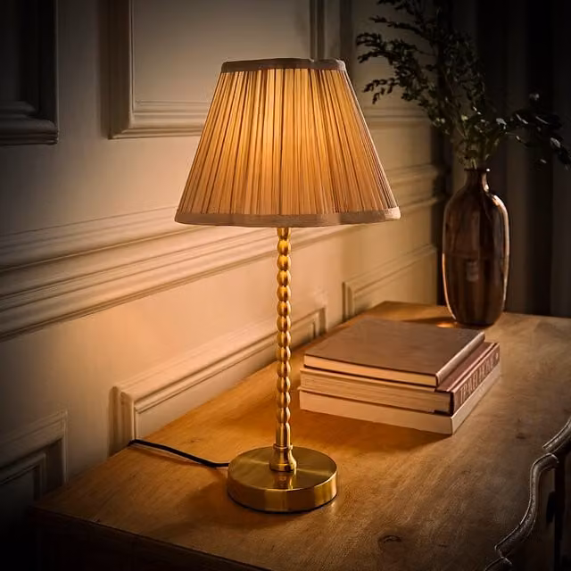 Maeve Brushed Gold Bobble Table Lamp with Pleated Scallop Shade and LED Bulb in Grey and Gold