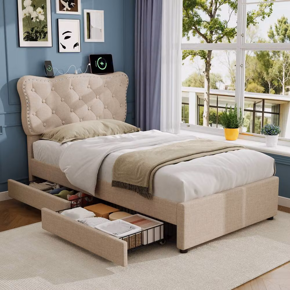 Merax 3ft Single Tufted Upholstered Bed with USB Charging Station and 2 Drawers, Beige, W/D/H: 90 x 190 cm – 2