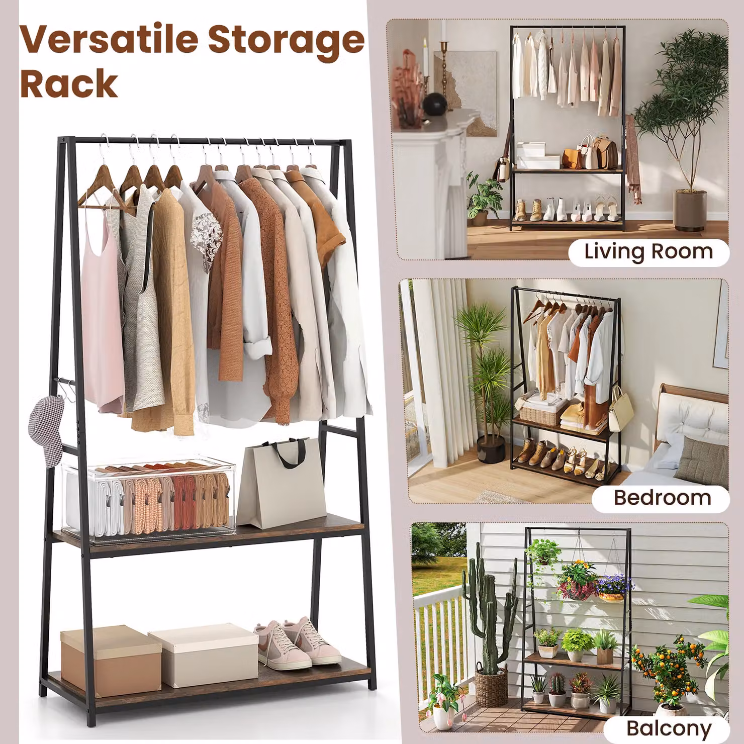 Costway Industrial Freestanding Metal Clothes Rail with 2 Shelves in Brown – 7