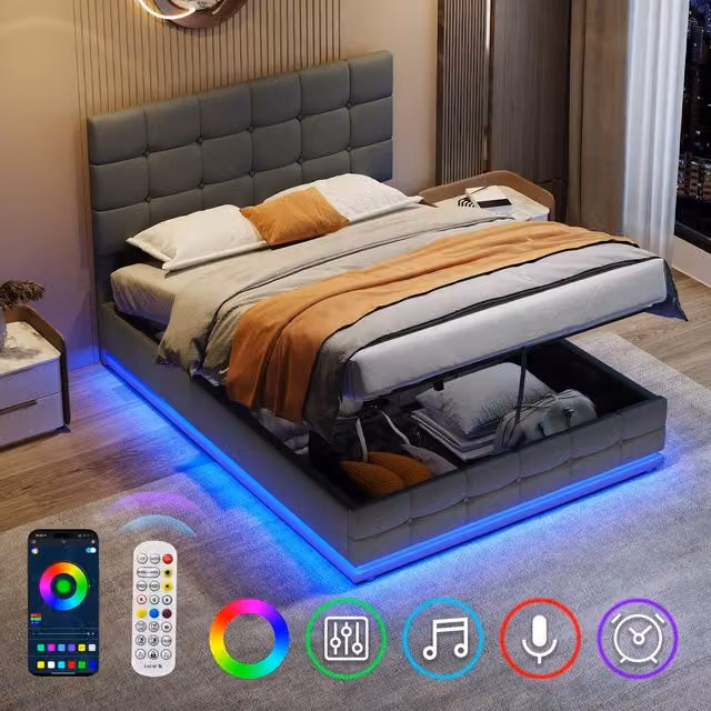 Rolipo Grey PU Leather Double Ottoman Bed Frame with LED Lighting and Under-Bed Storage, W: 140 cm, L: 200 cm – 1