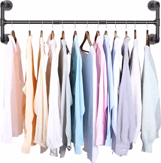 Pirlo Plush Industrial Heavy Duty Wall-Mounted Clothes Hanging Rail in Matt Black Metal