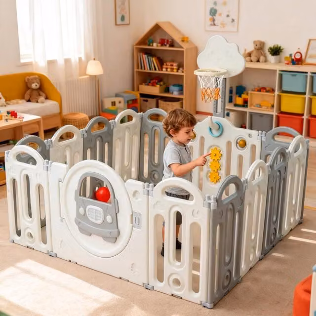 GALACTICA Foldable Configurable Baby Playpen in Grey and White, 156 cm