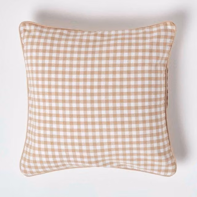 Homescapes Cotton Gingham Check Cushion Cover in Beige and Brown, W/D/H: 45 x 45 x 45 cm