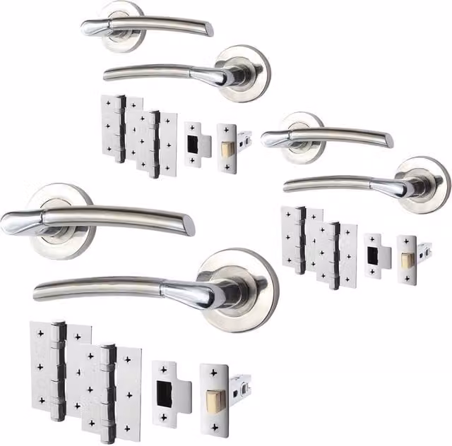 AFIT Chrome Door Handle Pack of 3, Satin Nickel Lever with Latch and Hinges in Silver, W/D/H: 15.0 x 6.5 x 15.0 cm – 1
