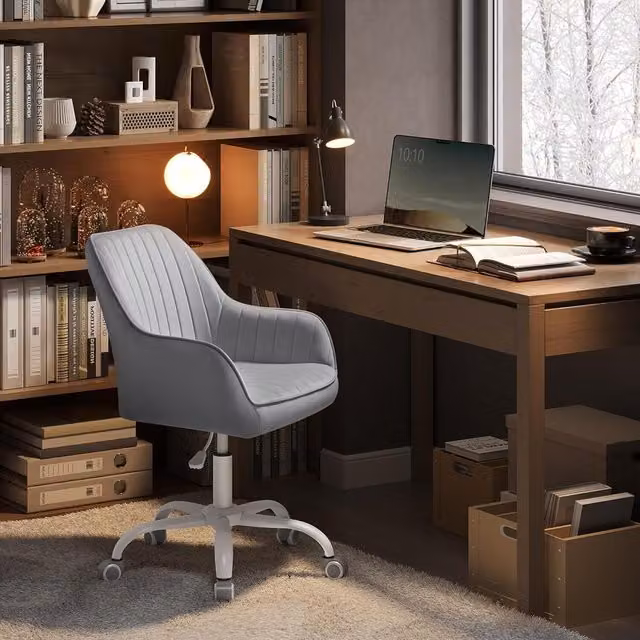 SONGMICS Grey Velvet Swivel Task Chair for Home Office and Bedroom