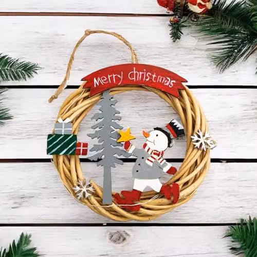 St Helens Home & Garden Battery Powered Multicolour Wicker Christmas Wreath with Snowman Design – 2