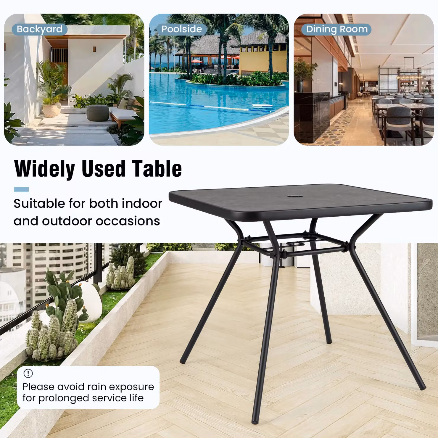 Costway Square Black Metal Patio Dining Table with Umbrella Hole for Garden and Terrace – 6