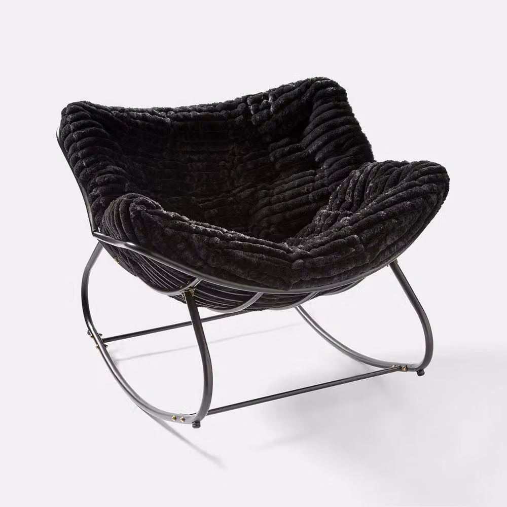 OHS Black Ribbed Faux Fur Rocking Chair with Upholstered Metal Frame – 2