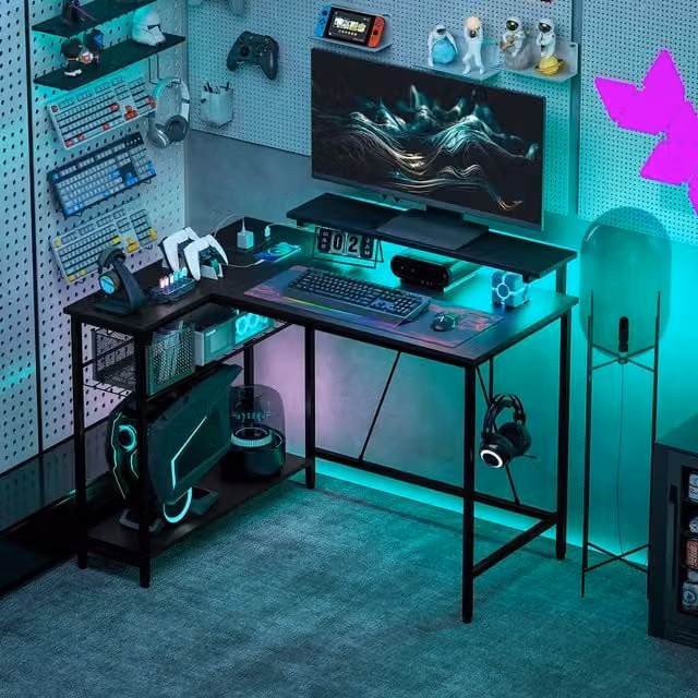 HOMCOM L Shaped Corner Desk with LED Lights and Storage in Black – 1