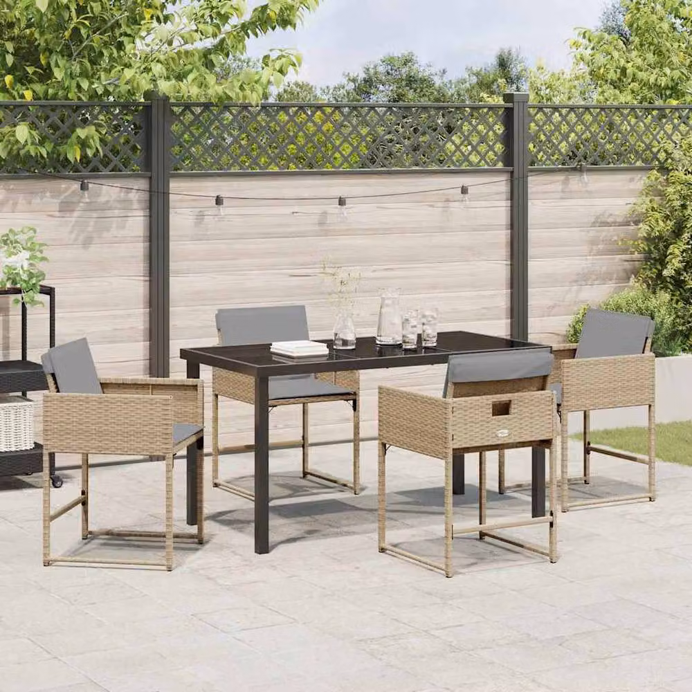 Berkfield Home 5-Piece Beige Poly Rattan Garden Dining Set with Glass Top – 3