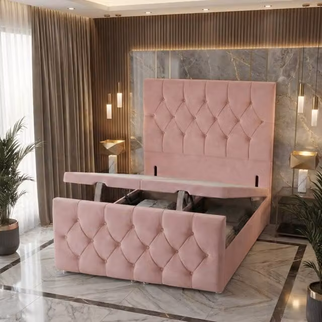 Somnior Ziggy Small Double Plush Storage Ottoman Divan Base with 54 inch Headboard and 22 inch Footboard in Pink Velvet Fabric, W/D/H: 120 x 200 cm – 1