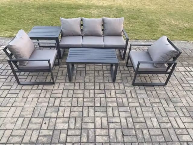 Fimous Aluminium Outdoor Garden Furniture Set in Dark Grey with 3-Seater Sofa, 2 Armchairs, Coffee Table and Side Table
