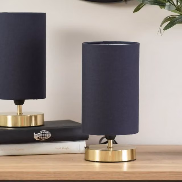 ValueLights Francis Pair of Dimmable Touch Table Lamps with LED Bulbs, Brushed Gold and Navy Blue – 1