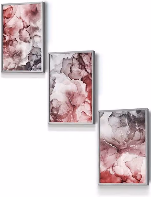 ARTZE Abstract Floral Fluid Framed Wall Art in Red and Grey, Boho Botanical Design, W: 33 cm, H: 45 cm, D: 0.2 cm
