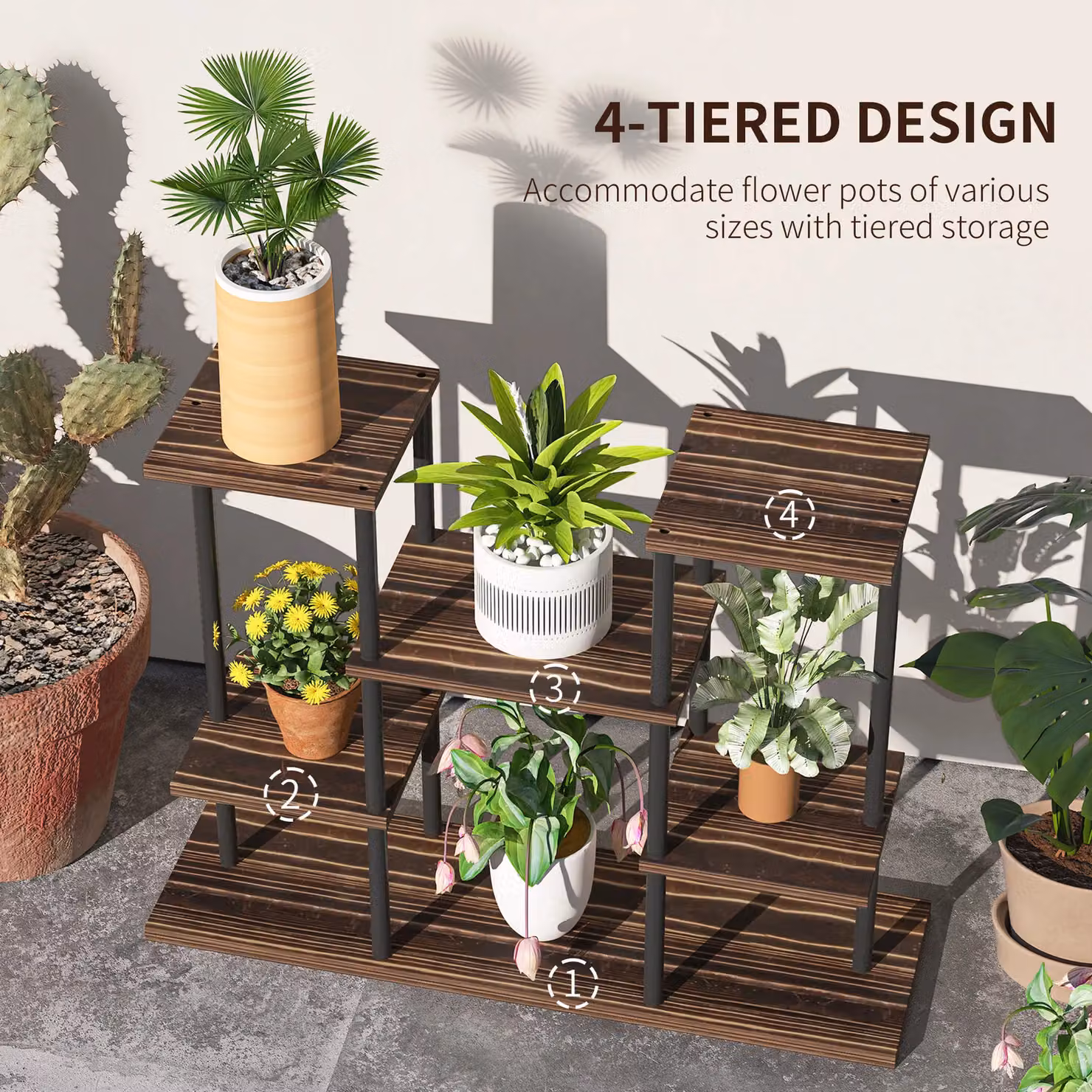 OUTSUNNY 4 Tiered Indoor Plant Stand Display Rack in Brown with Carbonised Wood and Metal Finish – 4