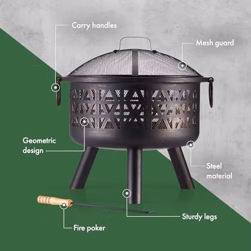 VonHaus Geometric Steel Fire Pit in Brown Bronze with Fire Poker and Mesh Guard, W/D/H: 55 x 55 x 55 cm – 4