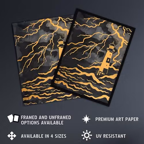 Artery8 Lighthouse Lightning Storm Gold Contrast Wall Art Poster Print on Thick Paper, 46 x 61 cm – 2