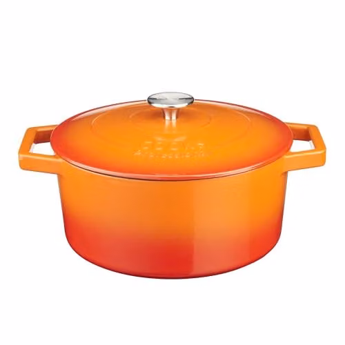 Cooks Professional Enamelled Cast Iron Casserole Dish with Lid and Handles, Orange, 26cm, 5.8l