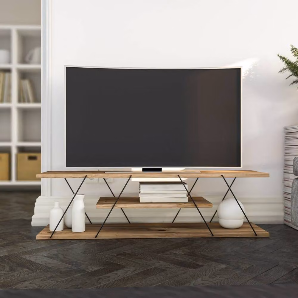 CANAZ CALICOSY Modern TV Stand with Multi-Level Shelves and Metal Frame in Light Oak Brown, W: 120 cm, D: 30 cm, H: 33 cm – 2