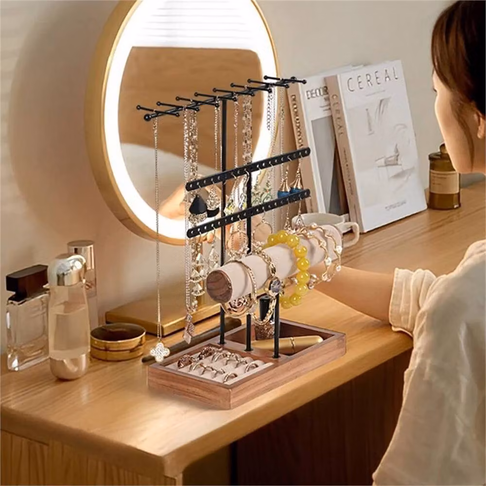 Nordara Rotating Multi-Tier Wood Jewelry Stand and Organizer Tray in Black – 3