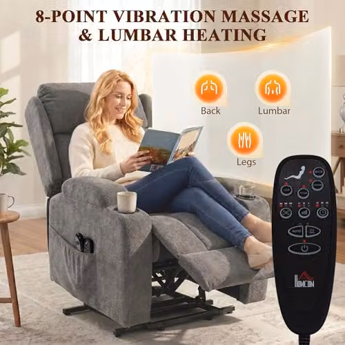 HOMCOM Grey Fabric Power Lift Recliner Chair with Vibration Massage and Heat – 4