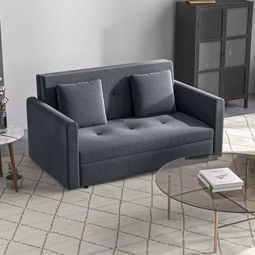 HOMCOM 2 Seater Modern Snow Flannel Sofa Bed with Hidden Storage and Pull Out Drawer, Dark Grey – 1