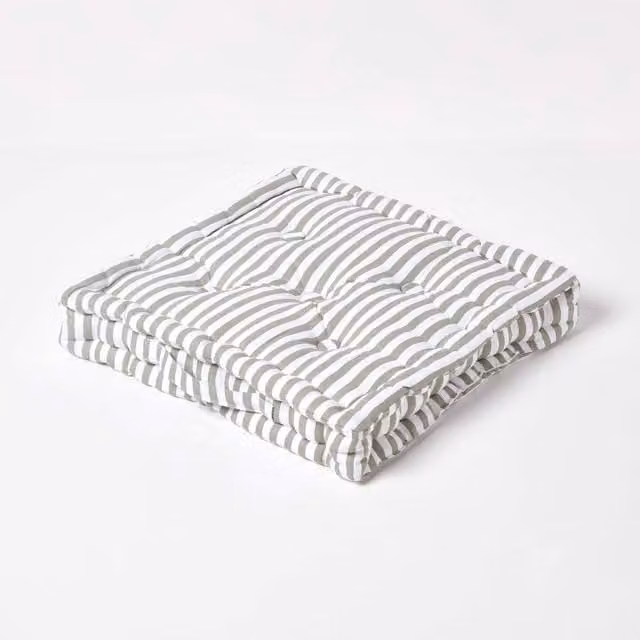 Homescapes Cotton Thin Stripe Floor Cushion in Light Grey, Thickness: 10 cm