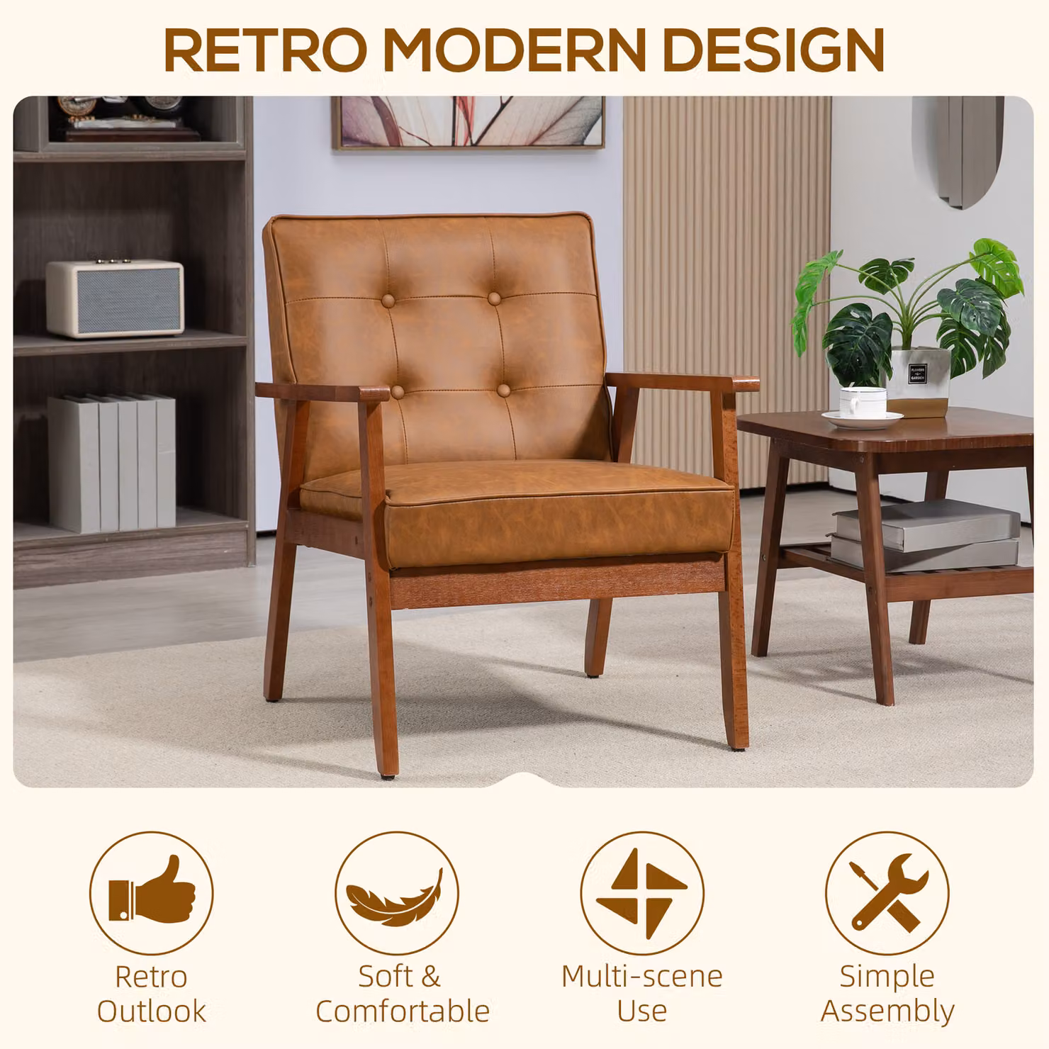 HOMCOM Set of 2 Retro-Style Accent Chairs with Brown Faux Leather Seats and Solid Wood Frames – 4