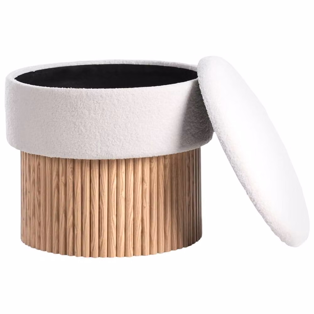 Wyld and Coco Off-White Bouclé Storage Pouffe with Oiled Wood Base – 2