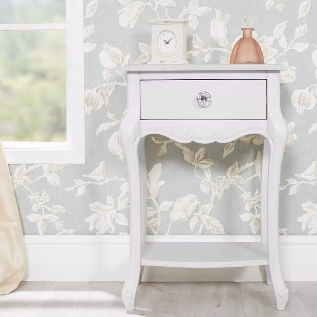 Statement Furniture Juliette Vintage Chic White Bedside Table with 1 Drawer and Crystal Handle W/D/H: 36 x 48 x 70 cm