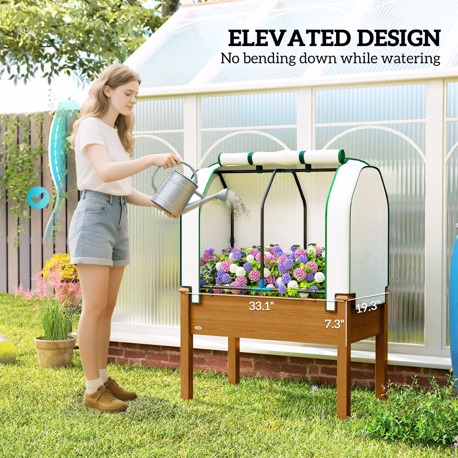 Outsunny Brown Wooden Raised Garden Bed with PE Greenhouse Cover for Herbs and Vegetables – 4